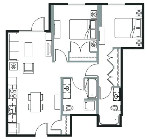 Floor plan for a two-bedroom, two-bathroom apartment featuring an open-concept kitchen, dining area, and living room.