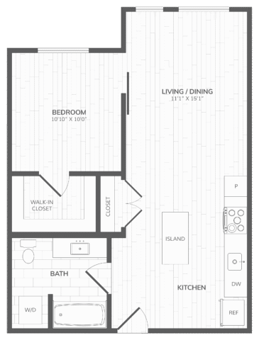 Floor plan of a one-bedroom apartment featuring a combined kitchen, living, and dining area, a walk-in closet, and a bathroom with laundry.