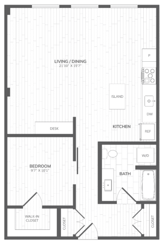 Floor plan of a one-bedroom apartment featuring an open living and dining area, a kitchen with an island, a full bathroom with a washer and dryer, and a bedroom with a walk-in closet.