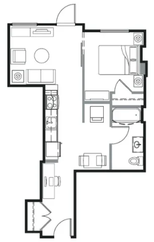 Floor plan of a one-bedroom apartment featuring an open-concept living and kitchen area, a bedroom, a bathroom, and an entryway with closet space.
