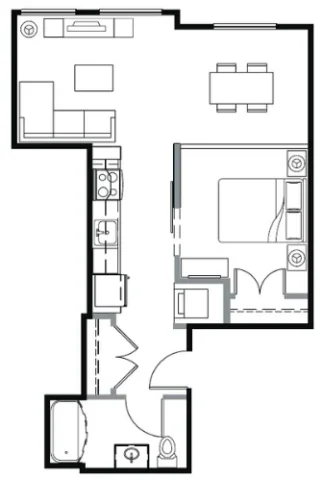Floor plan of a one-bedroom apartment featuring an open-concept living and dining area, a linear kitchen, a bedroom with closet space, and a single bathroom.