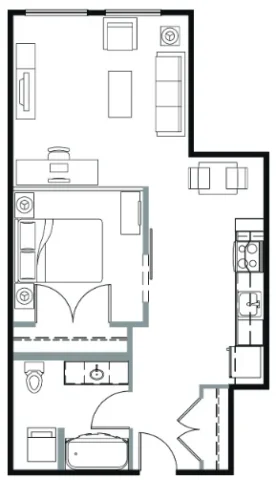 Floor plan of a one-bedroom apartment featuring an open living area, kitchen, bathroom, and entry hallway.