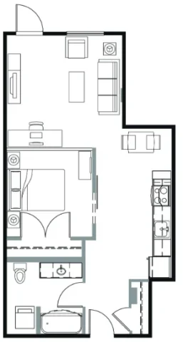 Floor plan of a one-bedroom apartment featuring an open-concept kitchen and living area, a bathroom, and a bedroom.