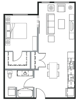 Floor plan of a one-bedroom apartment featuring an open-concept living and dining area, a kitchen, a bathroom, and a bedroom with a walk-in closet.