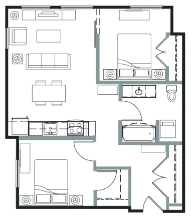 Floor plan of a two-bedroom apartment featuring an open-concept living and dining area, a kitchen, two bedrooms, and a bathroom.