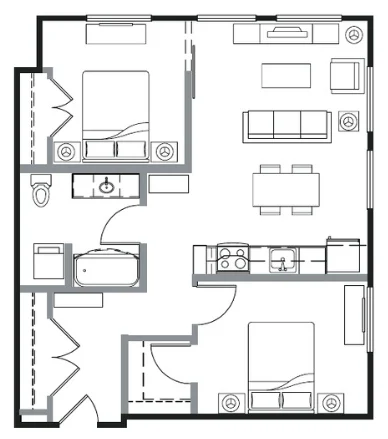 Floor plan of a two-bedroom, two-bathroom apartment featuring an open-concept living area, dining space, and kitchen.