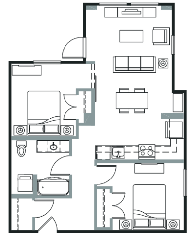 Floor plan of a two-bedroom apartment featuring a living area, dining space, kitchen, two bathrooms, and a laundry area.