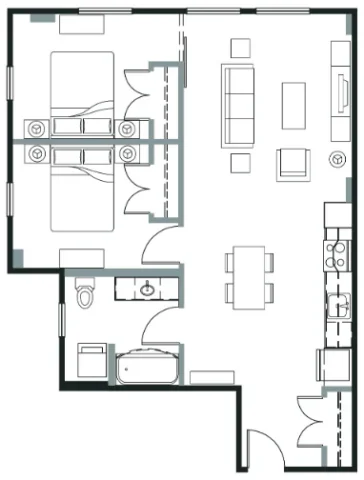 Floor plan of an apartment featuring two bedrooms, a bathroom, an open-concept living area, and a kitchen.