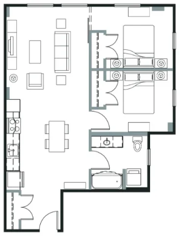 Floor plan of an apartment featuring a living room, dining area, kitchen, two bedrooms, and a bathroom.