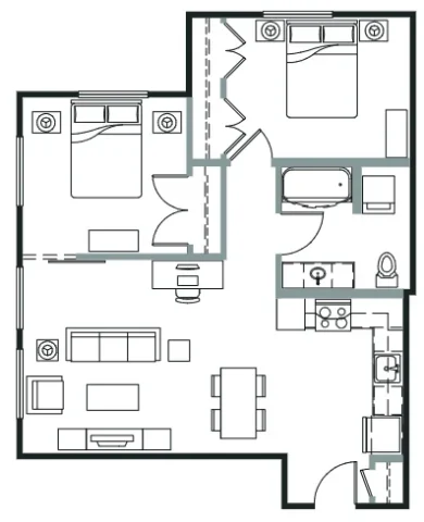 Floor plan for a two-bedroom apartment featuring an open-concept living and dining area, a kitchen, two bedrooms, and a bathroom.
