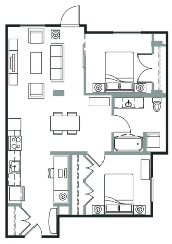 Floor plan of a two-bedroom apartment featuring an open-concept kitchen, dining area, and living room.