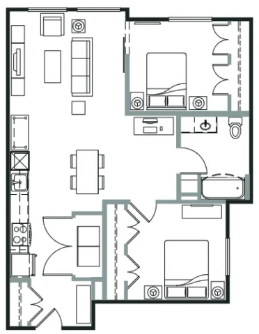Floor plan of a two-bedroom apartment featuring an open-concept living and dining area, kitchen, and two bathrooms.