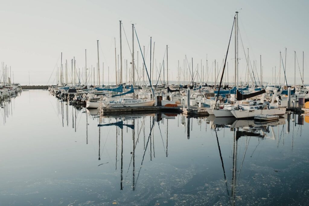 Many sailboats moored at a marina with calm water reflecting the boats and masts.