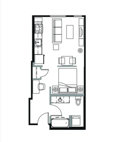 Floor plan of a one-bedroom apartment featuring an open-concept kitchen and living area, a bedroom with an adjacent bathroom, and an entryway.