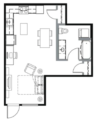 Floor plan of a studio apartment showing an open kitchen, living, and dining area adjacent to a full bathroom.